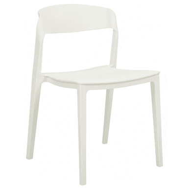 A modern white dining chair with a smooth, molded seat and backrest. The chair features four tapered legs and a minimalist design. The backrest has a subtle curve for comfort and is integrated into the seat structure. — 3D model (AI enhanced source)