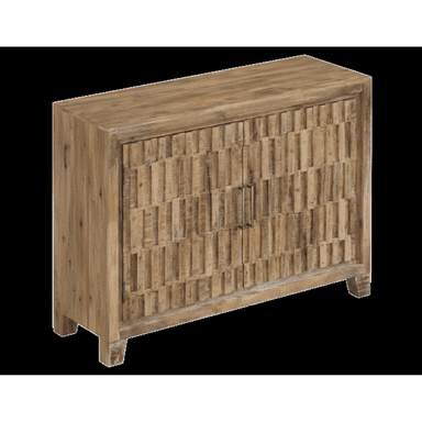 A rectangular wooden storage cabinet featuring two doors with a distinctive textured, geometric pattern. The cabinet is supported by short, block-like feet and finished in a natural, light-toned wood. It includes simple metal bar handles. — 3D model (AI enhanced source)
