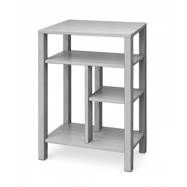 This is a minimalist, narrow four-tier open shelving unit, rendered in a light grey wood-grain texture. It features a rectangular top surface, three additional shelves below it, and a unique internal divider creating a smaller, offset compartment on the second and third tiers from the top. The structure is supported by four sturdy legs and additional vertical supports. — 3D model (AI enhanced source)