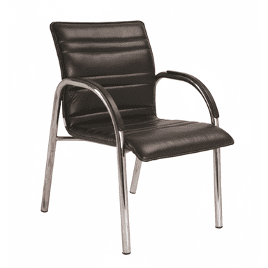 A modern fixed-base chair featuring a padded black upholstered seat and backrest, accented with horizontal channel stitching. The frame consists of polished chrome-plated tubular steel, forming the legs and supporting the armrests, which are topped with black padded caps. — 3D model (AI enhanced source)