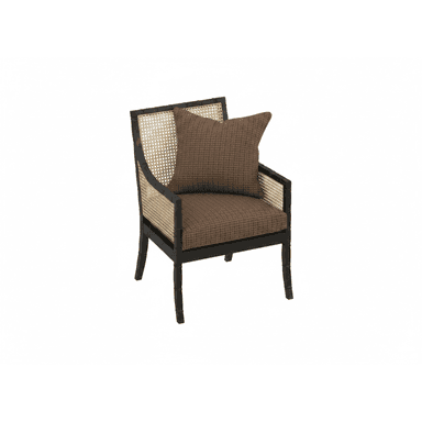 A transitional armchair featuring a dark-stained wood frame, natural cane webbing on the backrest and side panels, and upholstered seat and back cushions in a brown plaid fabric. The chair has integrated armrests and turned front legs. — 3D model (AI enhanced source)