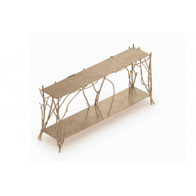 A two-tiered console table featuring an organic, branch-like structure for its supports, rendered in a gilded metal finish. — 3D model (AI enhanced source)