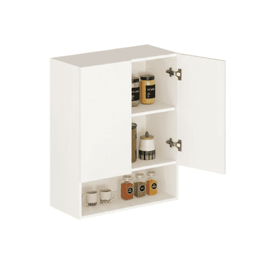 A minimalist, white wall-mounted kitchen cabinet featuring a single hinged door and multiple internal storage compartments. The cabinet is shown with the door partially open, revealing two internal shelves stocked with various jars and cups, suggesting its utility for kitchen organization. — 3D model (AI enhanced source)