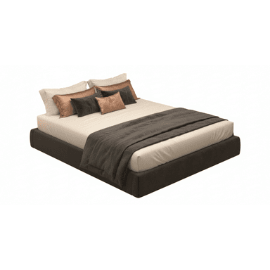 A modern platform bed featuring a low-profile upholstered frame in a dark color, complete with a mattress and a neutral-toned bedding set including pillows and a throw blanket. — 3D model (AI enhanced source)