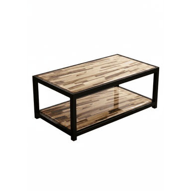 A rectangular coffee table featuring a two-tiered design. The frame is constructed from black metal, forming a sturdy, open structure. Both the top surface and the lower shelf are made from wood arranged in a mosaic pattern, showcasing various shades of light to medium brown wood pieces. The wood surfaces appear to have a glossy, possibly resin or glass, protective finish, reflecting light. The overall aesthetic is modern industrial with natural elements. — 3D model (AI enhanced source)