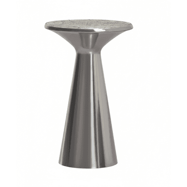 A modern pedestal accent table featuring a brushed metallic finish on its conical base and a round, flat top with a mosaic or patterned inlay. — 3D model (AI enhanced source)