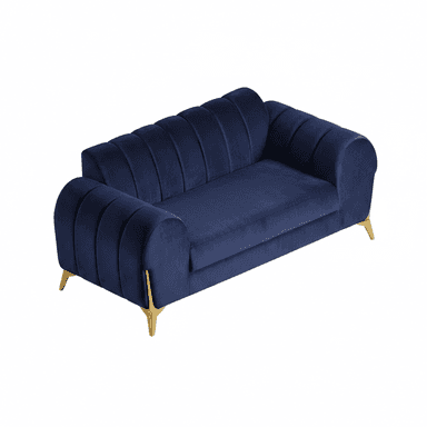 A stylish navy blue velvet loveseat featuring distinctive channel tufting on the backrest and rolled armrests, supported by slender gold-tone metal legs. — 3D model (AI enhanced source)