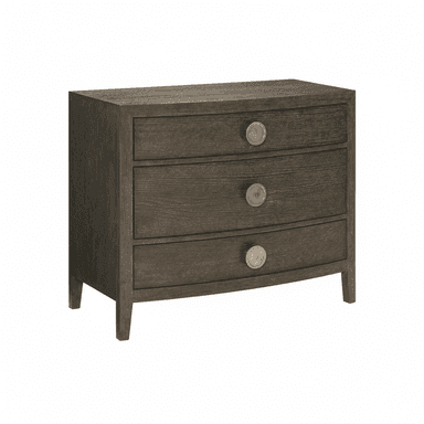 A three-drawer nightstand with a dark wood finish and curved drawer fronts. Each drawer is adorned with a single, circular, metallic knob. The nightstand stands on four tapered legs. — 3D model (AI enhanced source)