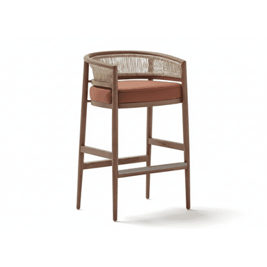 A modern bar stool with a curved wooden frame, featuring a woven rope backrest and a brown upholstered seat. The stool has four tapered legs connected by horizontal supports, and a metallic footrest. — 3D model (AI enhanced source)