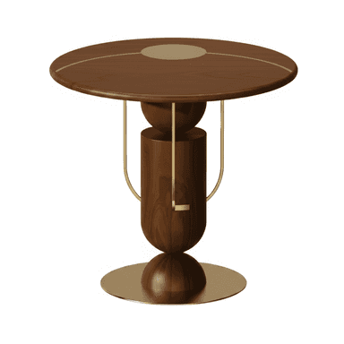 A modernist accent table featuring a circular dark wood top with a concentric brass inlay detail, supported by a sculptural base made of stacked cylindrical and spherical dark wood forms, connected and accented by polished brass rods. The table rests on a circular brass base. — 3D model (AI enhanced source)