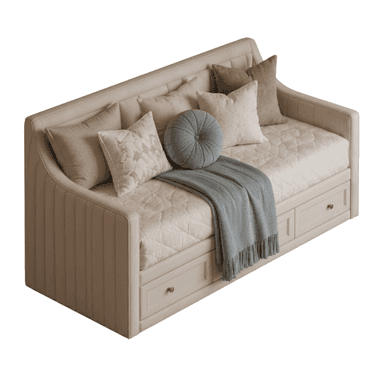 An upholstered daybed in a light beige fabric, featuring a quilted mattress and integrated storage drawers. The backrest and armrests have subtle vertical channel tufting. It is adorned with several decorative throw pillows in complementary neutral tones and a grey throw blanket. — 3D model (AI enhanced source)