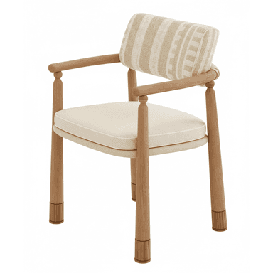 A contemporary armchair featuring a light-toned wooden frame, a neutral-toned upholstered seat cushion, and a distinctive patterned upholstered backrest cushion. The frame includes rounded wooden armrests and turned leg supports with reeded accents at the base. — 3D model (AI enhanced source)