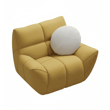 A contemporary modular lounge chair in a vibrant mustard yellow fabric, characterized by its low-profile, enveloping form, and distinctive quilted or channeled upholstery. A white circular throw pillow rests on the seat. — 3D model (AI enhanced source)