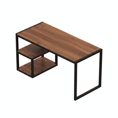 A modern industrial-style writing desk featuring a rectangular wood-look desktop supported by a black metal frame. An integrated two-tier shelving unit is incorporated on the left side, providing functional storage space. The design is clean and minimalist, suitable for a contemporary workspace. — 3D model (AI enhanced source)