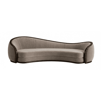 A gracefully curved sofa upholstered in a light beige velvet, featuring a prominent dark wood trim with decorative nailhead detailing along its serpentine backrest and base. The interior backrest exhibits vertical channel tufting. — 3D model (AI enhanced source)