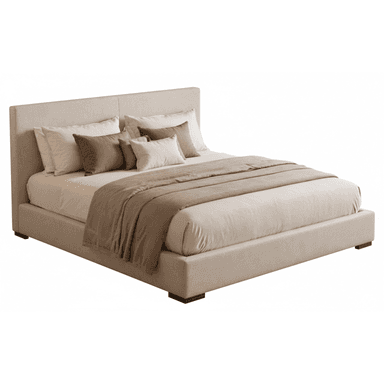 A contemporary upholstered platform bed featuring a clean-lined design, upholstered in a light beige fabric, complete with a panel headboard and a low-profile bed frame, dressed with neutral bedding. — 3D model (AI enhanced source)