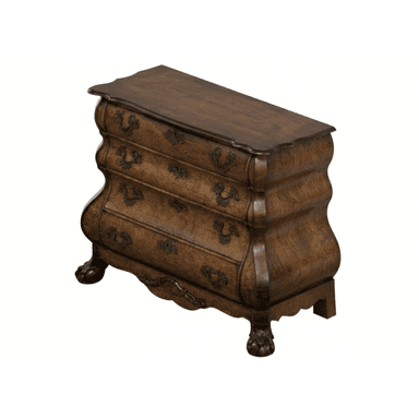 A traditional chest of drawers with a bombe (curved) front, featuring three drawers. The piece is constructed from dark wood with a prominent grain pattern. It is supported by carved cabriole legs ending in paw feet. The drawers are adorned with ornate metal pull handles and decorative escutcheons. The top surface has a slightly undulating edge. — 3D model (AI enhanced source)