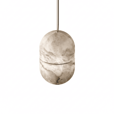 An elongated capsule-shaped pendant light crafted from translucent, naturally veined alabaster, suspended by a thin cord. The stone allows light to diffuse softly, showcasing its organic patterns. — 3D model (AI enhanced source)