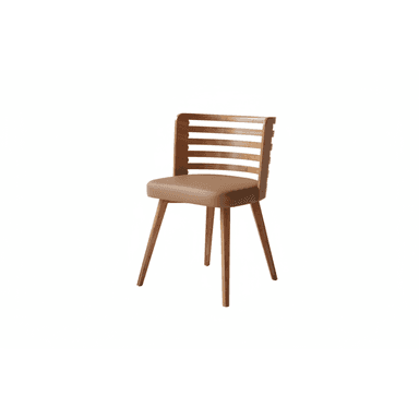A modern armless chair featuring a light brown wooden frame with a distinctive slatted backrest and splayed legs. The seat is upholstered in a light tan or beige leather-like material, providing a padded sitting surface. The backrest consists of horizontal wooden slats gently curved for support. — 3D model (AI enhanced source)