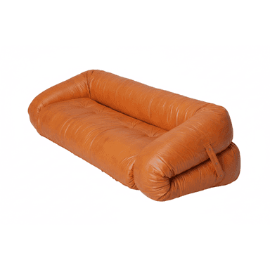 A vintage or vintage-style sofa featuring a plush, rounded, and deeply tufted design, upholstered in a rich cognac-colored leather. The sofa has a distinctive 'puffy' appearance, with a backrest and seat formed from large, soft, cylindrical sections. Straps with button details are visible on the side, suggesting a modular construction or adjustable elements. The overall aesthetic is comfortable and relaxed, reminiscent of iconic Italian designs from the 1970s. — 3D model (AI enhanced source)