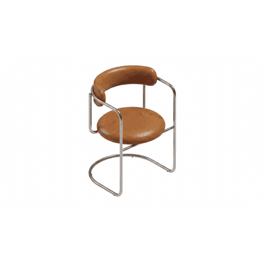A modernist cantilever armchair featuring a tubular metal frame and upholstered seat and backrest. The frame is constructed from bent, polished metal tubing, forming integrated armrests and a distinctive cantilever base. The circular seat cushion and curved backrest are upholstered in a light brown or tan leather, providing a contrasting texture to the sleek metalwork. — 3D model (AI enhanced source)