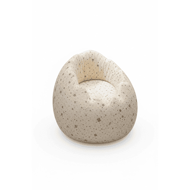 A contemporary, rounded bean bag chair upholstered in a light beige fabric with a distinctive speckled brown pattern, featuring a low-profile and a subtly recessed seating area. — 3D model (AI enhanced source)