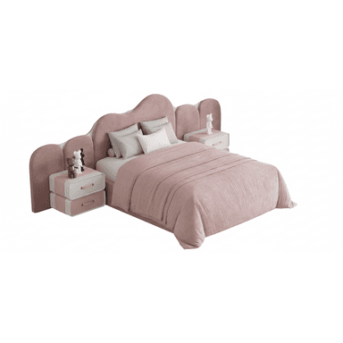 A pink upholstered bed with a scalloped headboard and matching bedside tables. The bed includes a duvet and pillows. The bedside tables have two drawers each and feature a combination of white, pink, and possibly leather accents for the handles. — 3D model (AI enhanced source)