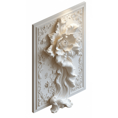 A rectangular, off-white decorative wall panel featuring a high-relief sculpture. The central motif is a large, elaborate flower, possibly a peony, with multiple petals, emanating from a textured core. Below the flower, draped, fabric-like elements flow downwards, adding a sense of movement. The perimeter of the panel is framed by intricate scrollwork and smaller floral and leaf patterns, characteristic of classical or baroque ornamentation. The entire piece is monochromatic, suggesting a material like plaster or resin. — 3D model (AI enhanced source)