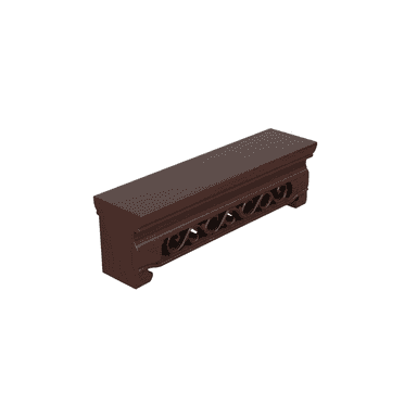 A dark brown, rectangular wall shelf with decorative carved scrolling patterns on its front apron. The shelf has a flat top surface and features a stepped molding detail along the top edge of the front apron. The sides have a slight taper and are also finished in the same dark brown hue. The overall construction appears solid, suggesting a wood material. — 3D model (AI enhanced source)