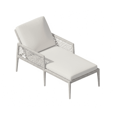 An outdoor chaise lounge featuring a light-colored woven synthetic frame and thick, plush cushions in a matching off-white hue. The backrest appears to be adjustable, and the lounge is supported by four tapered legs. — 3D model (AI enhanced source)