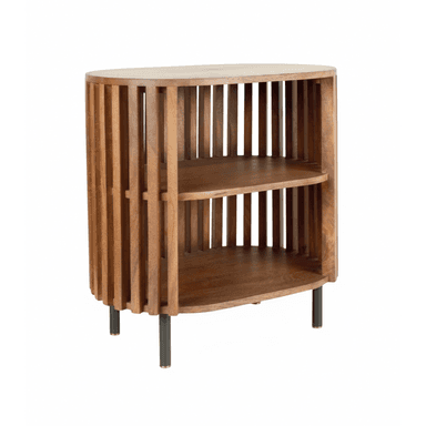 A modern demilune (half-moon) shaped shelving unit constructed from medium-toned wood, featuring an exterior composed of closely spaced vertical slats. The unit includes two internal shelves that mirror the demilune shape. It stands on four slender, tapered metal legs with small brass accents at their feet. The design is open, allowing visibility through the slatted sides. — 3D model (AI enhanced source)