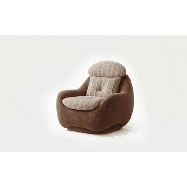 A contemporary lounge chair featuring a distinctive rounded and low-profile silhouette. The main body is upholstered in a textured, brown bouclé fabric, offering a plush appearance. It includes separate, striped cushions for the back and seat, with the seat cushion featuring a single central button tuft. The chair's design emphasizes comfort and a sculptural, organic form. — 3D model (AI enhanced source)
