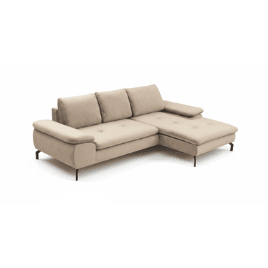 An L-shaped sectional sofa with a right-facing chaise lounge, upholstered in a light beige fabric. It features three loose back cushions and two fixed seat cushions on the main sofa, with a single, longer fixed cushion forming the chaise. The armrests are subtly rolled and padded. The sofa is supported by slender, angled black metal legs, providing a contemporary aesthetic. Subtle button tufting is visible on the chaise section's seating surface. — 3D model (AI enhanced source)