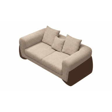 A contemporary two-seater sofa featuring a textured boucle-like fabric upholstery in a light, neutral color, combined with a dark wood base that curves upwards to form part of the armrests. The sofa includes two seat cushions and three loose back cushions. — 3D model (AI enhanced source)