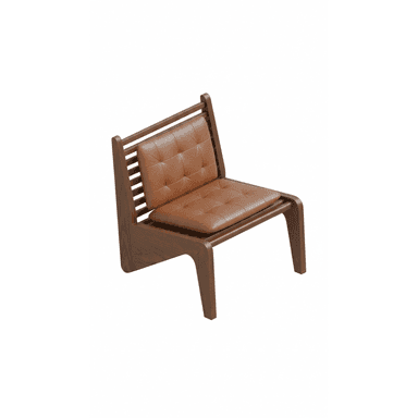 A modern low-profile lounge chair featuring a dark wooden frame with a slatted backrest and armrests, paired with thick, tufted brown leather cushions for the seat and back. — 3D model (AI enhanced source)