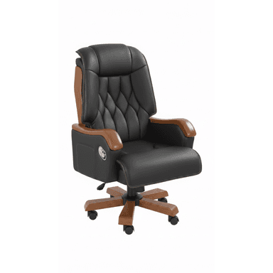 An executive swivel office chair featuring black padded upholstery, wooden armrests, and a five-star wooden base with casters. The backrest has a quilted pattern, and the chair appears designed for comfort and professional aesthetics. — 3D model (AI enhanced source)