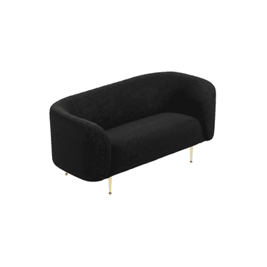A contemporary black bouclé upholstered loveseat featuring a curved, enveloping back and armrests, supported by four slender, gold-finished metal legs. — 3D model (AI enhanced source)