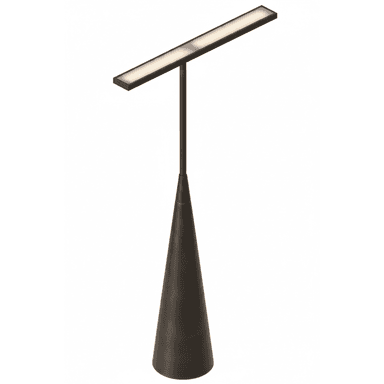 A modern floor lamp featuring a slender, dark metallic pole rising from a wide, inverted conical base. The top terminates in a horizontally oriented, rectangular light bar that emits a warm white light, indicative of an integrated LED strip. The design is minimalist and sleek. — 3D model (AI enhanced source)