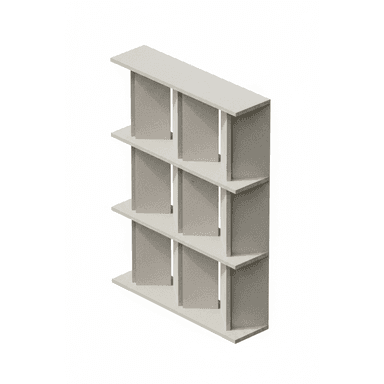 A modern, multi-tiered bookshelf with an open-back design. It features three horizontal shelves supported by vertical dividers, creating six individual cubbies. The structure appears modular or designed for visual interest. — 3D model (AI enhanced source)