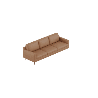 A modern three-seater sofa upholstered in tan-colored leather or faux leather, featuring a minimalist design with clean lines, square armrests, and slender black metal legs. The sofa consists of three individual seat cushions and three matching back cushions, providing a streamlined and contemporary aesthetic. The overall condition appears new. — 3D model (AI enhanced source)
