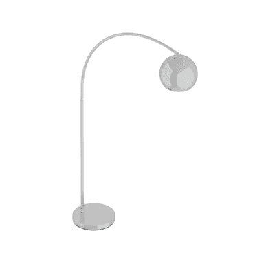 A modern arc floor lamp with a sleek, curved metal arm extending from a vertical pole. The lamp features a spherical shade, likely made of glass or polished metal, suspended at the end of the arc. It stands on a circular, weighted base. — 3D model (AI enhanced source)
