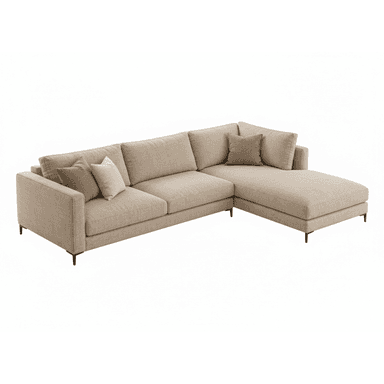 A modern L-shaped sectional sofa featuring a right-hand facing chaise lounge, upholstered in a neutral beige textured fabric, with minimalist dark metal legs. — 3D model (AI enhanced source)