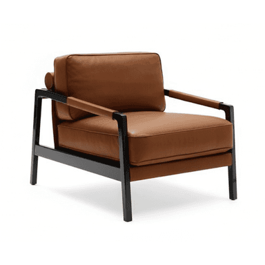 A minimalist lounge chair featuring a sturdy black metal frame and upholstered in cognac-colored leather. It has clean lines and a modern aesthetic. — 3D model (AI enhanced source)