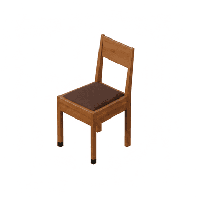 A side chair constructed primarily from medium-toned solid wood, featuring a rectangular upholstered seat in dark brown. The backrest is composed of a solid wooden frame with an open central space. The chair stands on four straight, square-profile legs, two of which extend upwards to form the backrest structure. The feet have small, black protective caps. — 3D model (AI enhanced source)