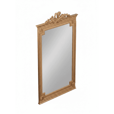 A tall, rectangular wall mirror featuring an elaborately carved and gilded frame, topped with a prominent Rococo-style crest of acanthus leaves and a central ribbon or bow motif. — 3D model (AI enhanced source)