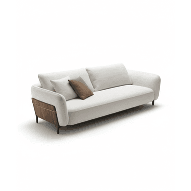 A contemporary three-seater sofa upholstered in a light-colored fabric, featuring distinctive wooden and metallic side panel details on its armrests. The sofa includes two loose seat cushions, three loose back cushions, and three throw pillows (two white, one brown). It is supported by four small, dark wooden cylindrical legs. — 3D model (AI enhanced source)