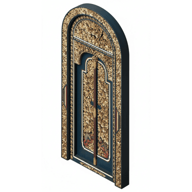 An intricately carved arched panel, likely functioning as a decorative door or architectural accent. It features a dark teal or navy blue background, against which highly detailed gold leaf carvings stand out. The carvings depict dense floral and foliate motifs, with some sections showing what appear to be mythical creatures or birds. The panel has an arched top and is presented in an upright, slightly angled position, showcasing its depth and ornate relief work. — 3D model (AI enhanced source)