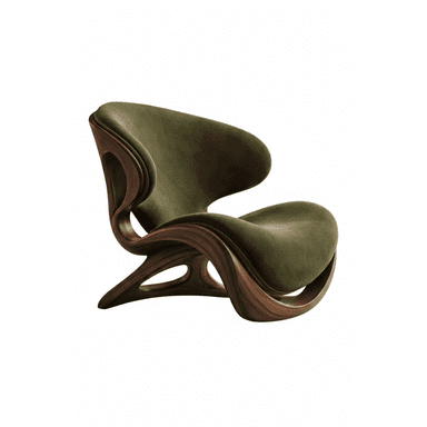 A sculptural lounge chair featuring a dark, fluid wooden frame and plush dark green velvet upholstery. The design is biomorphic with integrated seat and back. — 3D model (AI enhanced source)