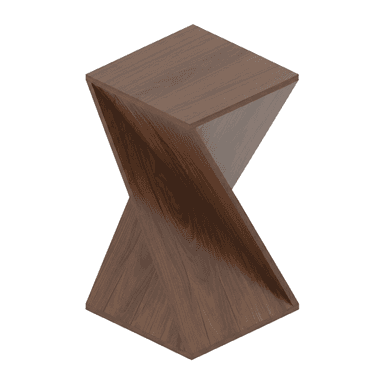 A modern accent table characterized by its unique geometric design, featuring a twisted central structure. The table has a square top and bottom, with the sides forming an hourglass or spiral shape from intersecting panels, all finished in a dark wood veneer resembling walnut. — 3D model (AI enhanced source)