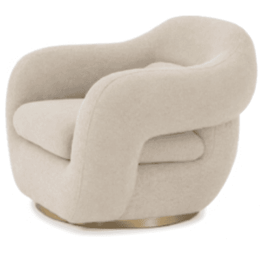 A light-colored, upholstered swivel lounge chair with a curvilinear design and a metallic plinth base. — 3D model (AI enhanced source)